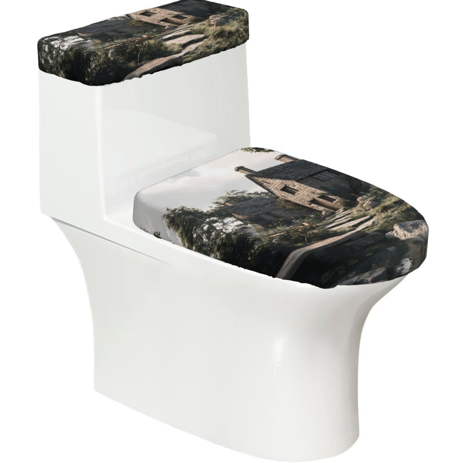 Wzycwb Black Stone House 2-Piece Toilet Seat Cover Set With Tank Lid, Elastic Fit For U-Shape & Elongated Toilets, Bathroom Decor, Housewarming Gift