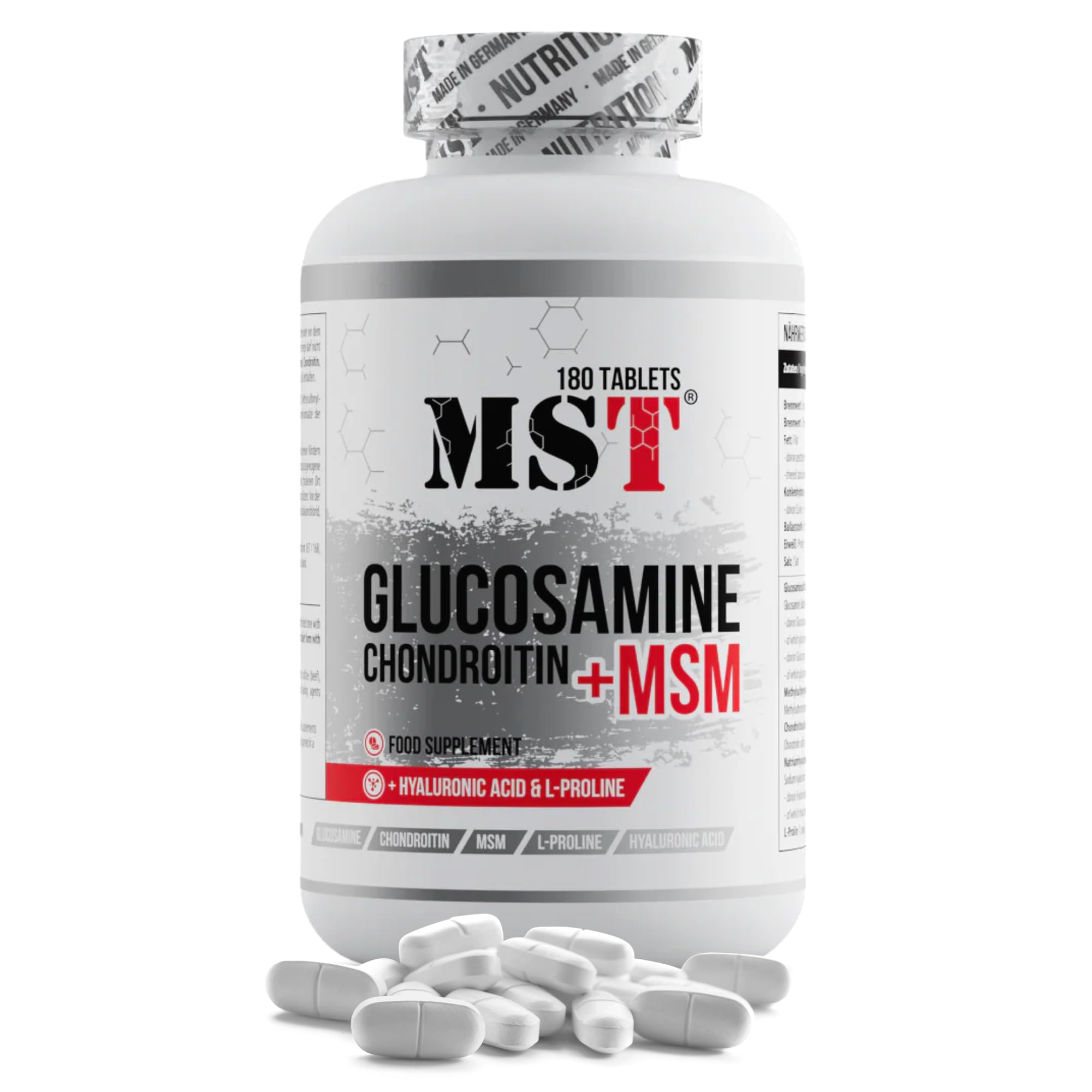 Glucosamine Chondroïtine MSM + Hyaluron + L-Proline | Complément alimentaire pour articulations, cartilage, arthrose et rhumatismes | Soutien à la production de collagène | 180 comprimés | MST