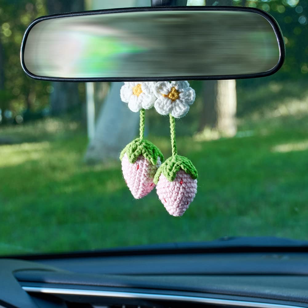 2er-Set Gehäkelte Erdbeeren Auto-Deko - Niedliche Rückspiegel-Aufhänger