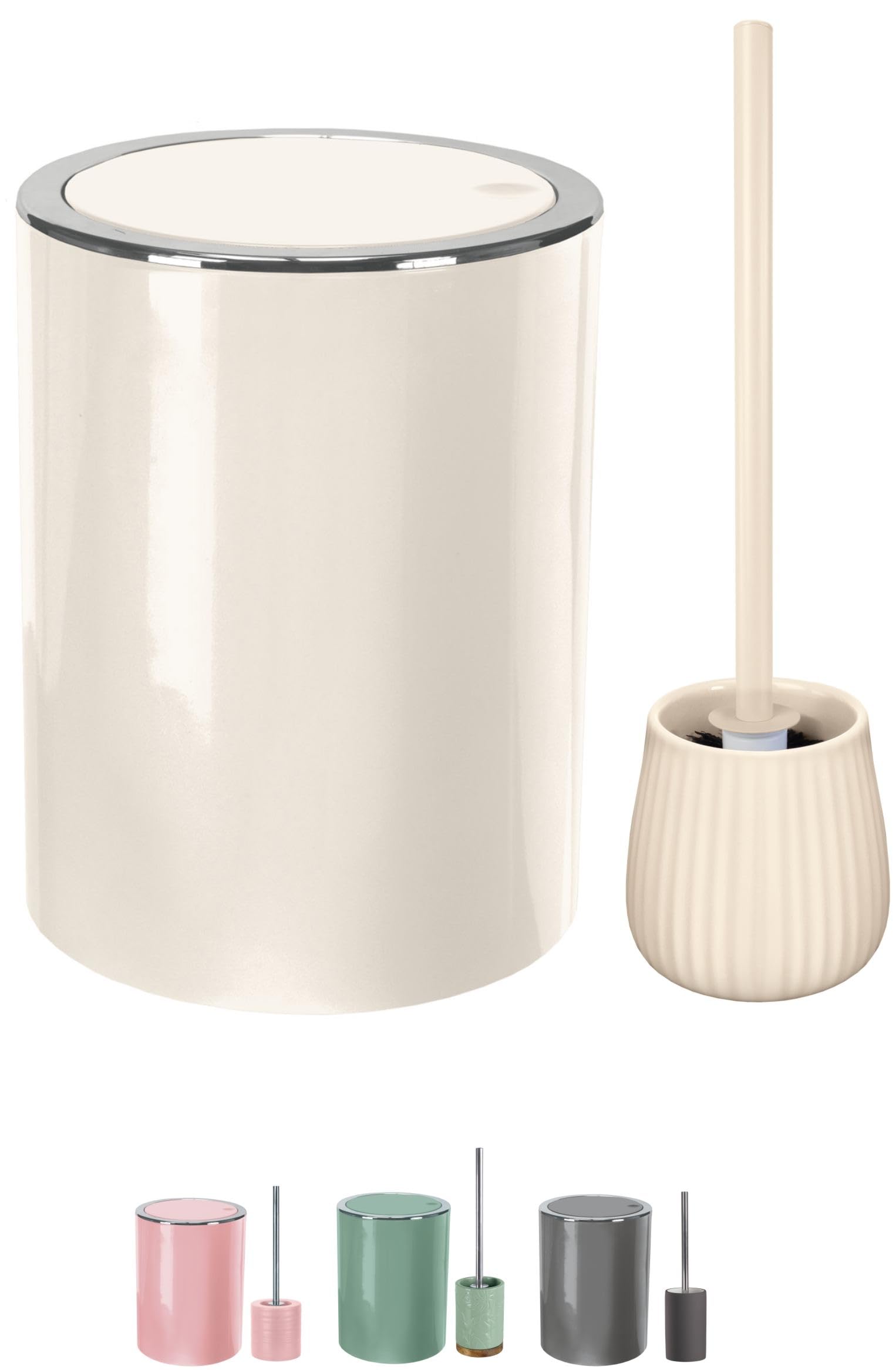 KW Bathroom Swing Bin and Ceramic/Stoneware Toilet Brush Set (Light Cream)