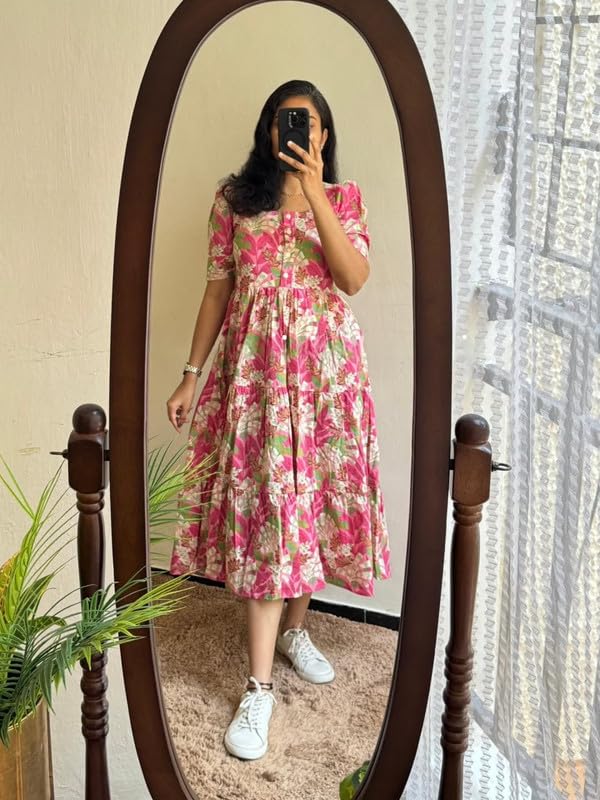 Image of Floral Midi Dress for Women - Summer Boho Dress, Lightweight & Breathable, Elegant Floral Print, Casual & Vacation Outfit, Comfortable Flowy Dress for Women