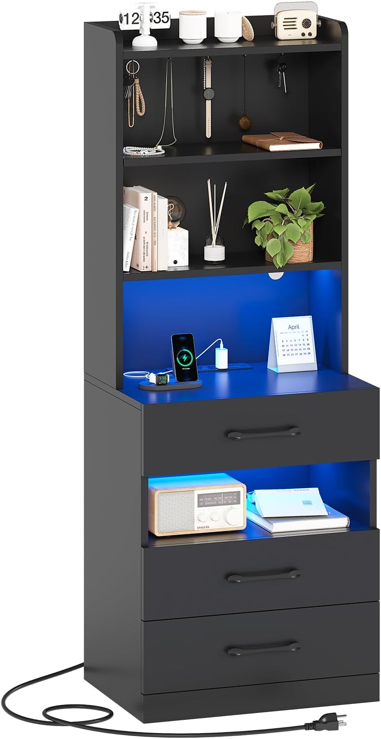 AOGLLATI Tall Nightstand with Charging Station and LED Lights, Night Stand with 3 Drawers and Storage Shelves, Bedside Table with Bookshelf, Modern End Side Table for Bedroom, Black