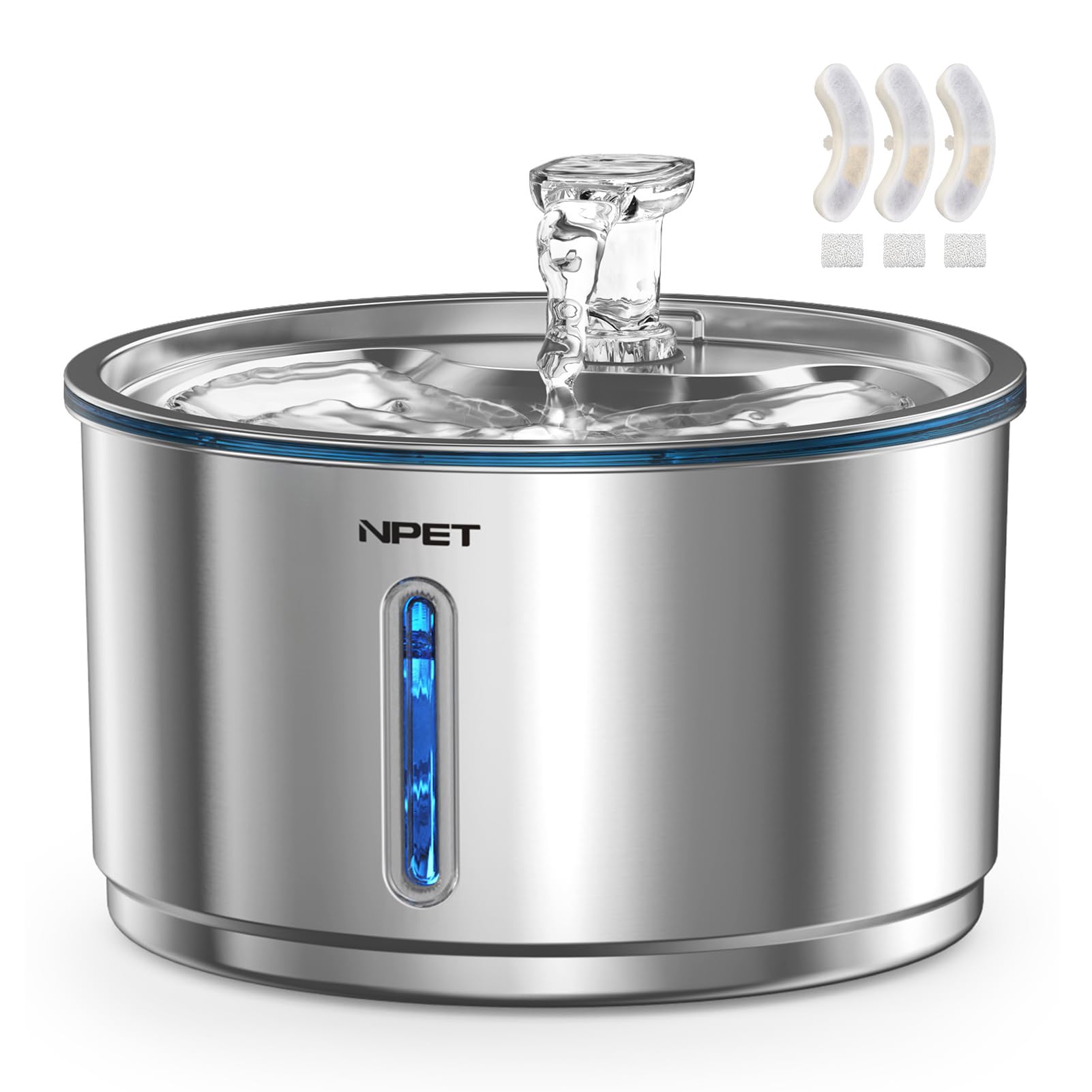 NPET Cat Water Fountain, 135oz/1 Gallon, Stainless Steel, White, with 3 Replacement Filters, Ultra Quiet, Visible Window, for Cats and Dogs