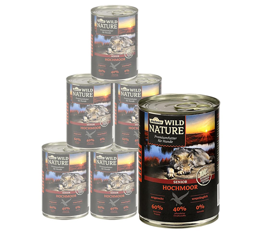 Dehner Wild Nature - Comida húmeda para Perros, sin Cereales, sin azúcar, para Perros Mayores, Pato, 6 latas de 400 g (2,4 kg) | 2,4 kg, sin cereales, sin azúcar, para perros mayores