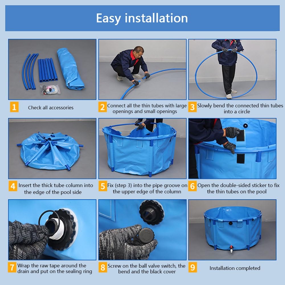 Laghetto per acquacoltura Pieghevole con Staffa, Vasca Rotonda per Pesci, Contenitore per l'acqua Pieghevole, Piscina in PVC Resistente per Giardino, Cortile, Campeggio, Uso Esterno (Blu 1x1