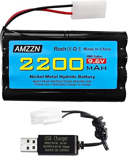 Batería AA NiMH de 9.6 V 2200 mAh con enchufe Tamiya y cable de carga USB para autos de juguete a control remoto, camiones, tanques, vehículos de