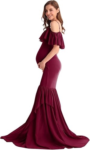 Miniatura 22 de MYRISAM Vestido de maternidad con volantes y hombros descubiertos para mujer, vestido de fiesta de sirena de gasa, vestido ajustado Verde