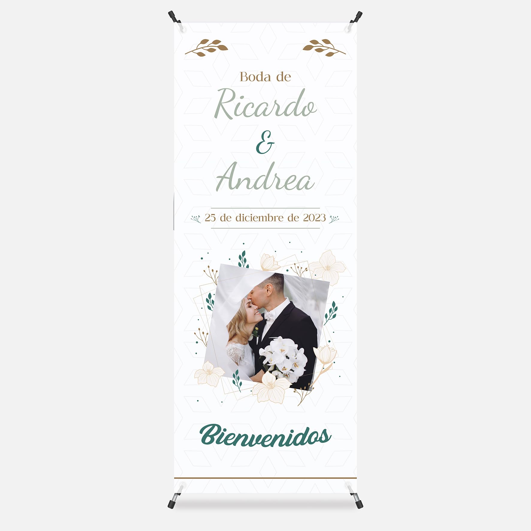 Photocall Bodas 70x180cm Personalizable con Foto y Texto – Cartel Bienvenida Boda – Pancarta Personalizada con Estructura para Decoración Boda - 2 Modelos a Elegir (Modelo 1)