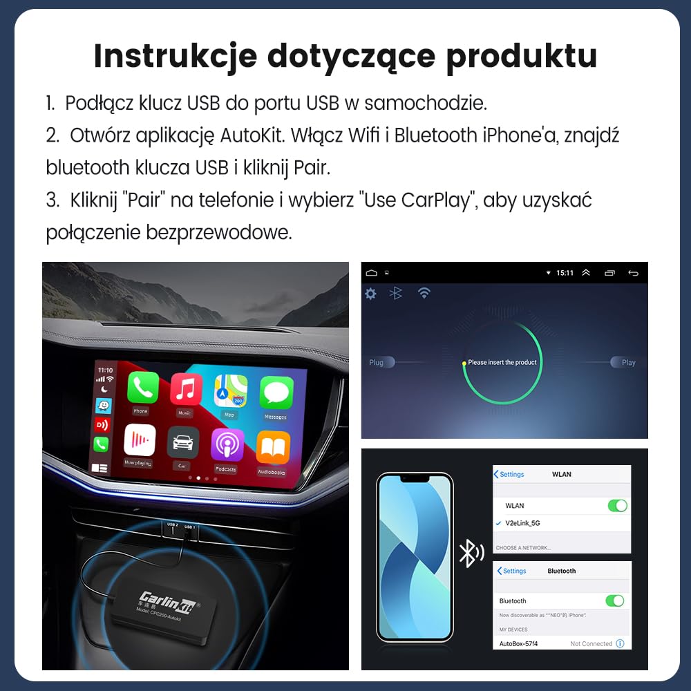 CarlinKit Przewodowy adapter samochodowy CarPlay/przewodowy Android do radia samochodowego z systemem Android, musisz zainstalować aplikację Autokit APK w radiu samochodowym, obsługa ekranu