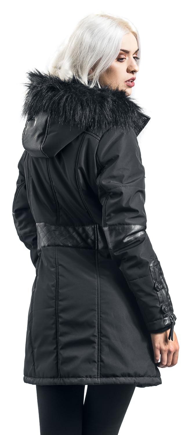 Rock Rebel by EMP Mujer Chaqueta larga de invierno negra con detalles de polipiel