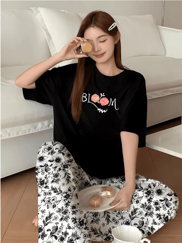 Image of KSHS Printed Round Neck Short Sleeve Nightsuit Set | Pajama Set | Casual Night Dress for Women