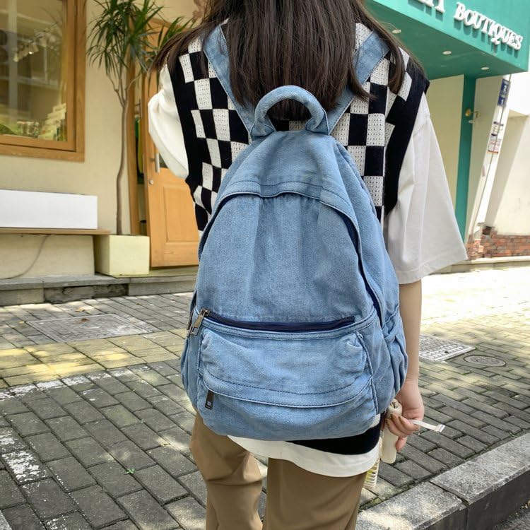 Lightweight Travel Denim Backpack Vintage Daypack Y2K Backpack Multipurpose Adjustable Shoulder Bags for Women Men (Blue) image 4