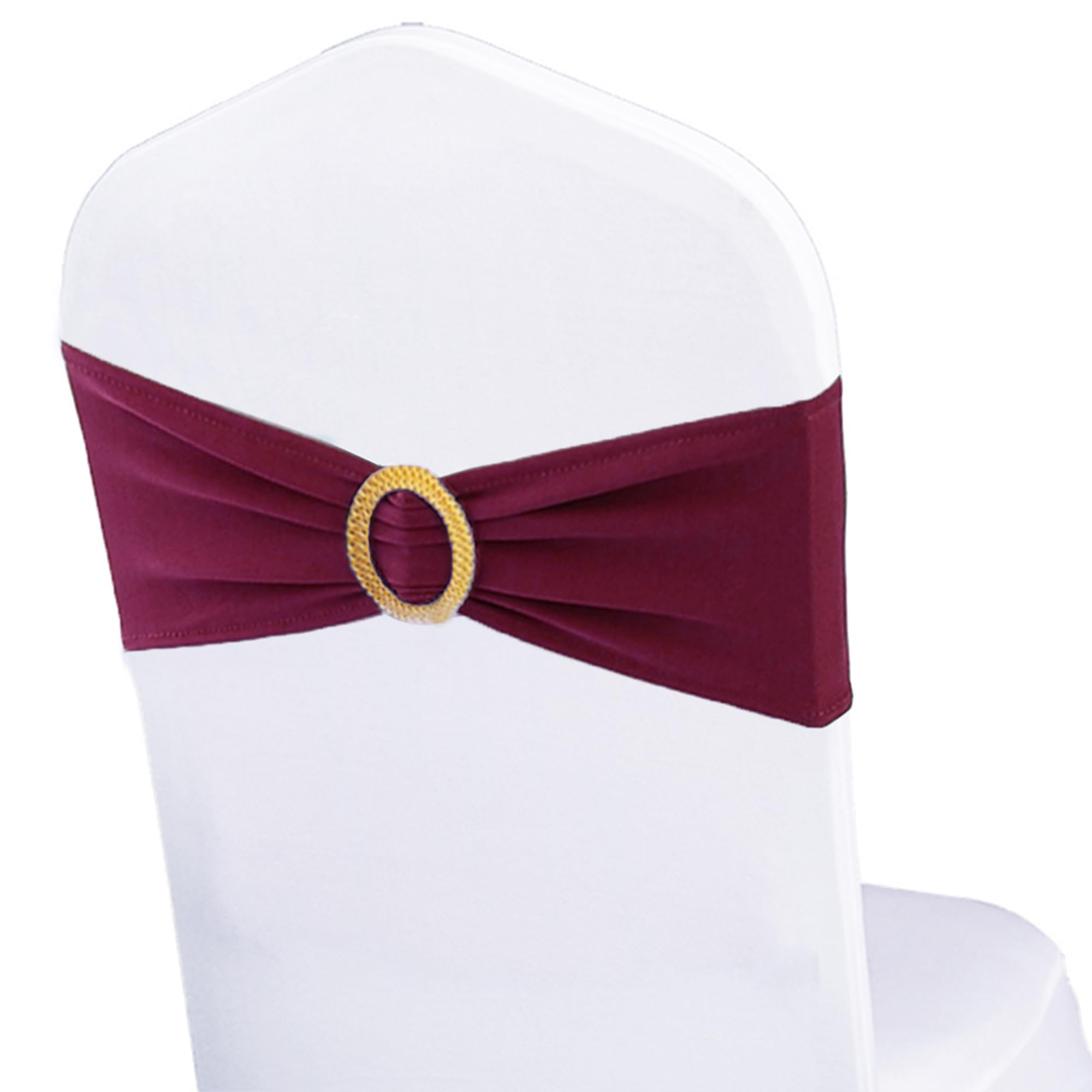 Photo 1 of Pack of 100 Spandex Dark Burgundy Chair Sashes with Gold Buckles, Stretch Chairs Sashes for Wedding Party Bridal Shower Event Decor Chair Bands Bows (Dark Burgundy Sashes, Gold Buckles)