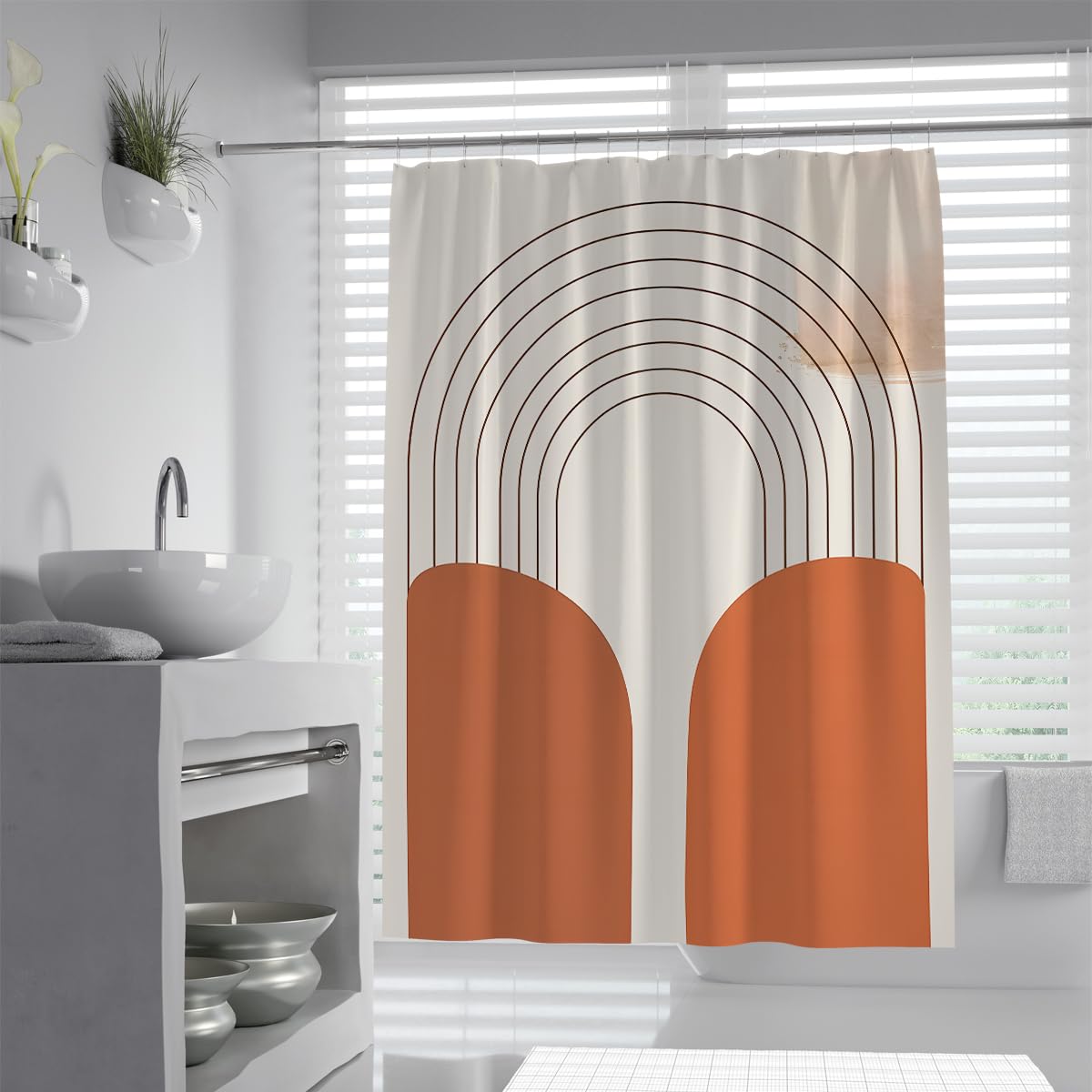 Uiringart Shower Curtains Terracotta Beige Boho Geometric Rainbow W180xl200cm Abstract Minimalist Anti Mould Waterproof Bath Tub Curtain Decor With Hook