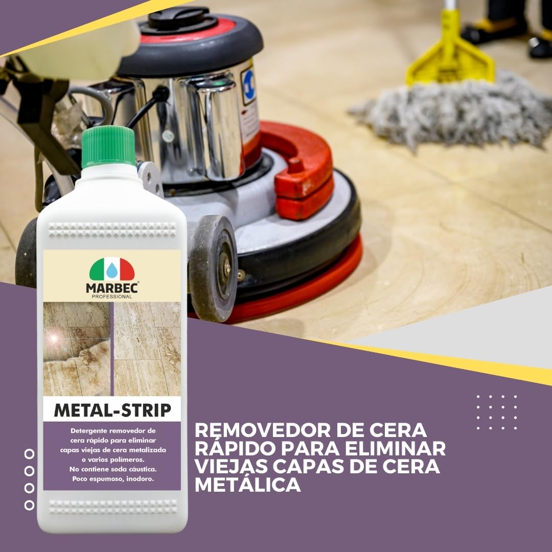 MARBEC METAL STRIP 1LTX6Uds Decerante rápido para materiales pétreos, elimina capas viejas de cera y polímeros, acción desincrustante eficaz. No contiene sosa cáustica.