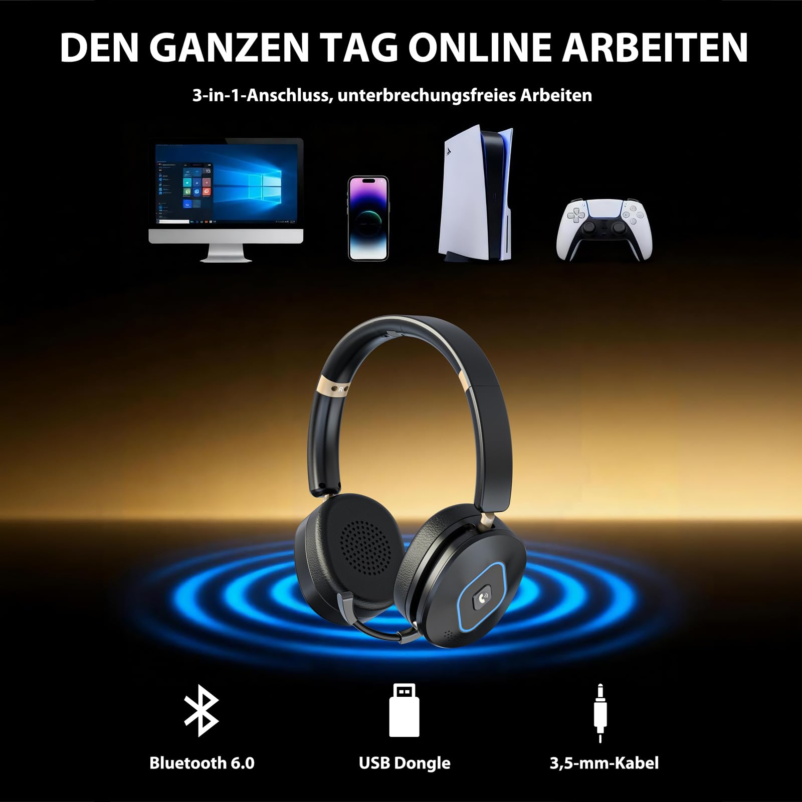 Earbay V6.0 Bluetooth Headset mit Mikrofon, Wireless Headset mit AI Noise Cancelling Mikrofon, RGB-Ladestation, USB-Dongle, 45+ Std. Akku, Wiederaufladbar On-Ear Kopfhörer für Büro, Home, Callcenter