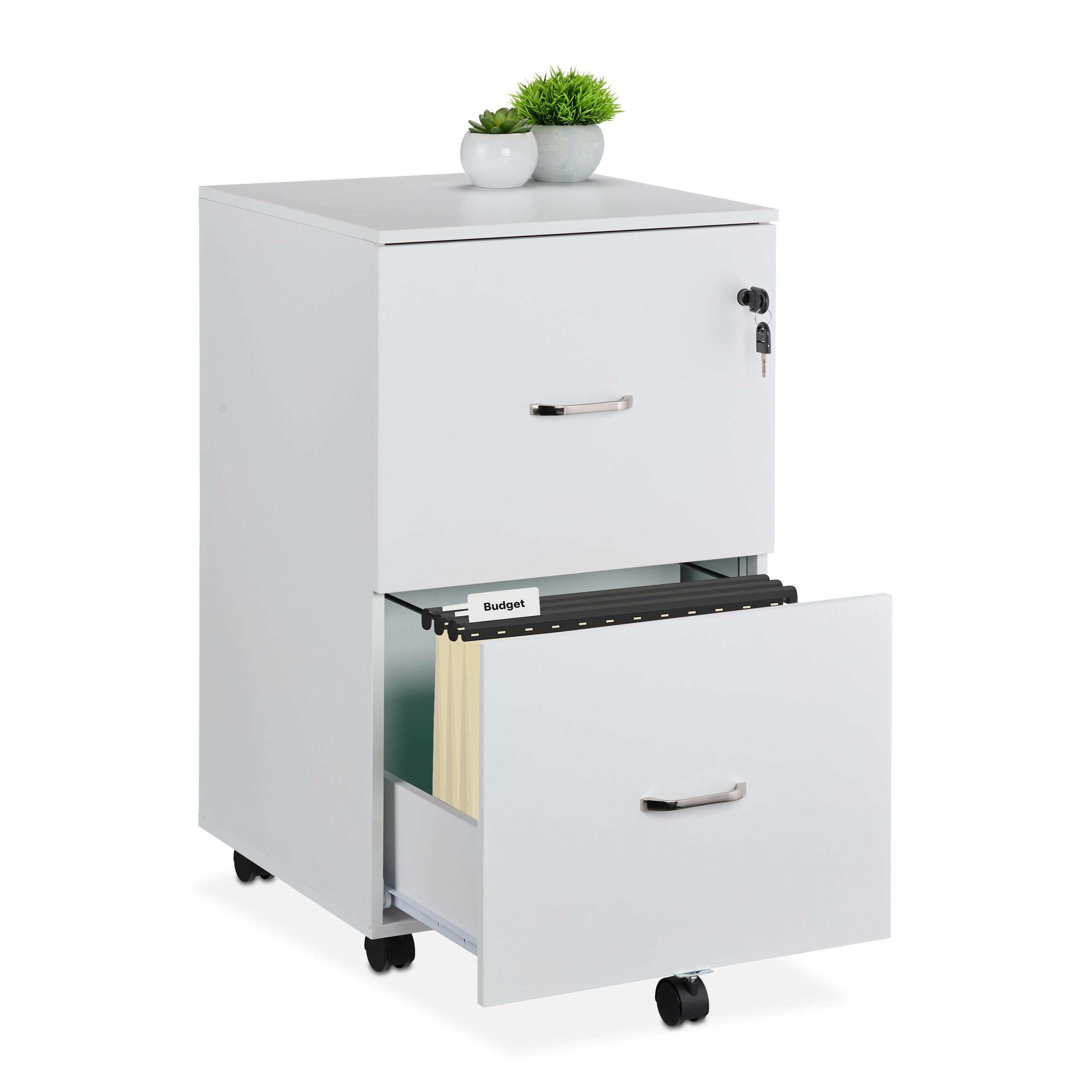 Relaxdays Caisson de Bureau 2 Tiroirs avec Clé Barres Dossiers Suspendus 72 x 43 x 46 cm Blanc