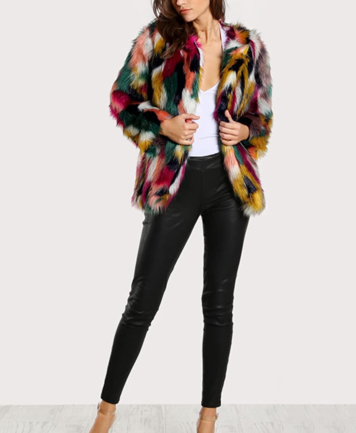 Women's Winter Multicolor Faux Fur Coat Long Sleeve Open Front Luxury Colorful Warm Fuzzy Jacket Outwear-HINDOLA - Image 4
