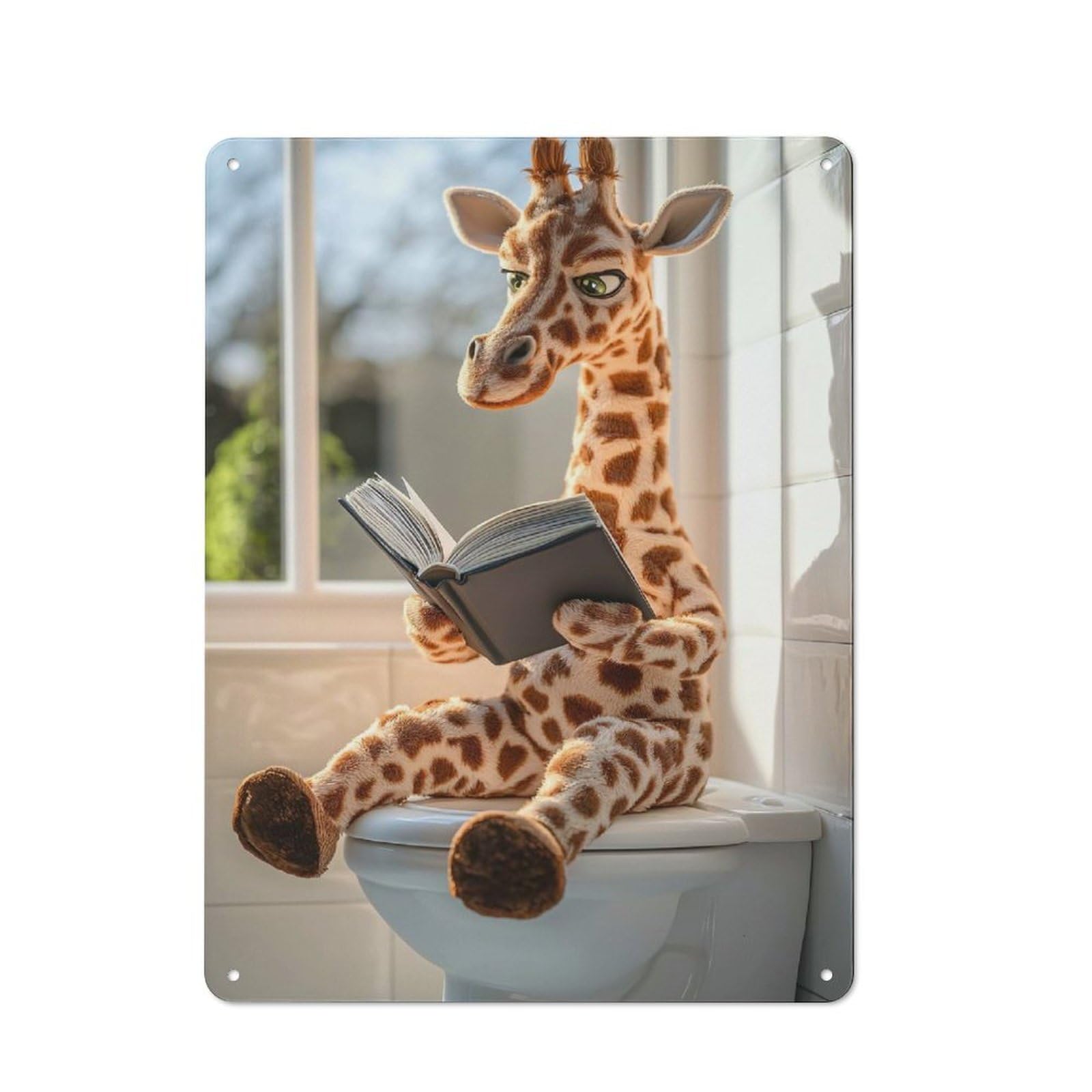 Junmoney Style-16 Giraffe Reading On The Toilet Cottage Style Metal Wall Decor 40X30cm, Country Metal Sign For Kitchen, Cottage, Porch Or Garden Room