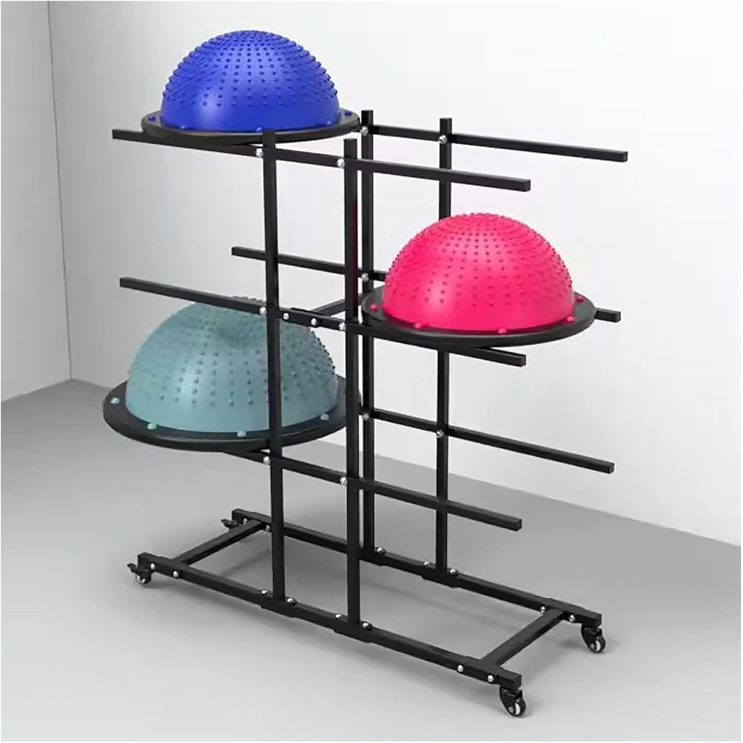 Floorstanding Half Ball Balance Trainer Holder Rack, Rolling Large Capacity Stability Half Ball Storage Organizer Cart on Wheels, Metal Exercise Ball Display Stand~/