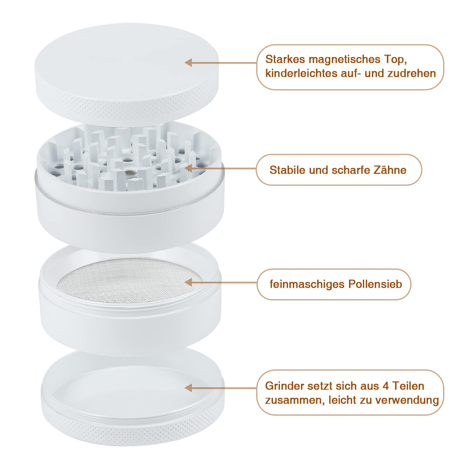 Golden Bell Grinder Keramik-Weiß Crusher 4-Teiliges Set Mühle mit Pollen Scraper für Spice Kräuter Gewürze Herb Krautmühle als Geschenk für Vater Freund Mann (63mm, Weiß)
