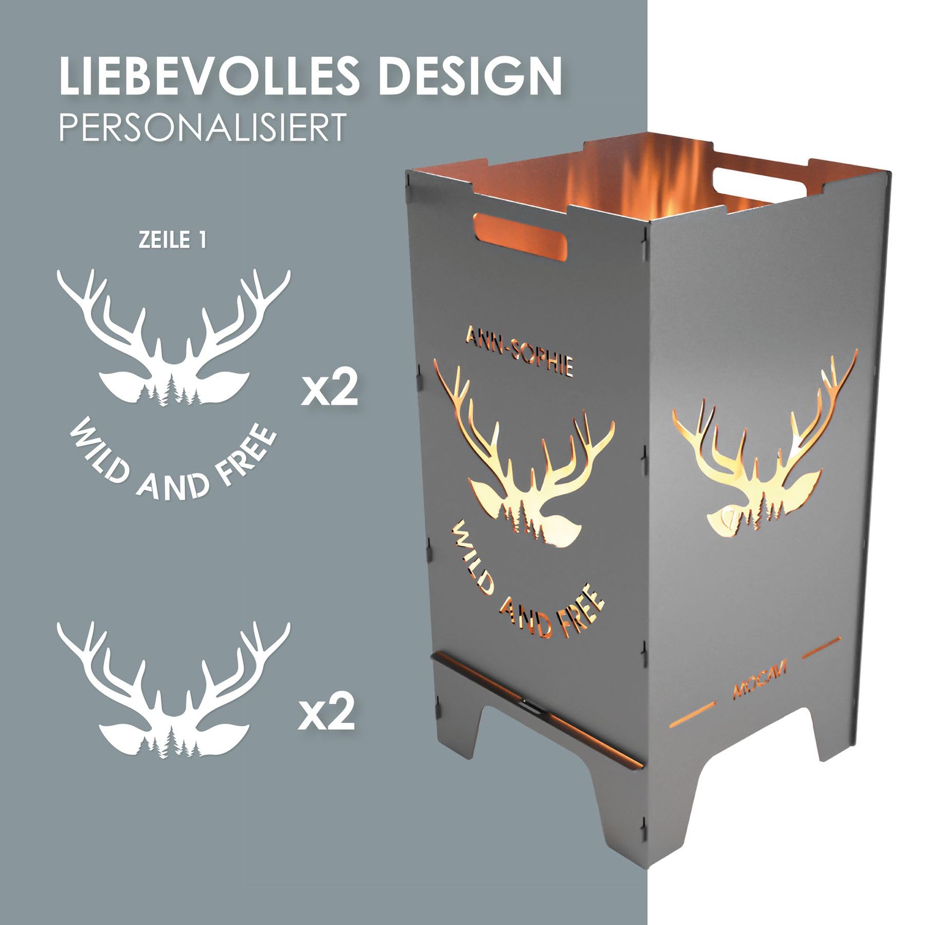 MOCAVI Feuertonne Wild 73 cm | 3 mm Stahl personalisiert Feuerkorb Feuerschale sicher massiv robust Design-Feuerfass für Garten und Terrasse groß eckig Feuerstelle Outdoor hitzefest außen