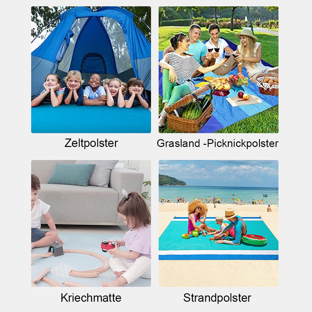 Koc piknikowy, bez piasku, wodoszczelny ręcznik plażowy, mata plażowa, 4 narożniki do umocowania w podróży, na kemping, piknik, do spakowania, z torbą (niebieski/szary) | Mata plażowa, 4 narożniki do mocowania, na podróż, kemping, piknik, do spakowania z