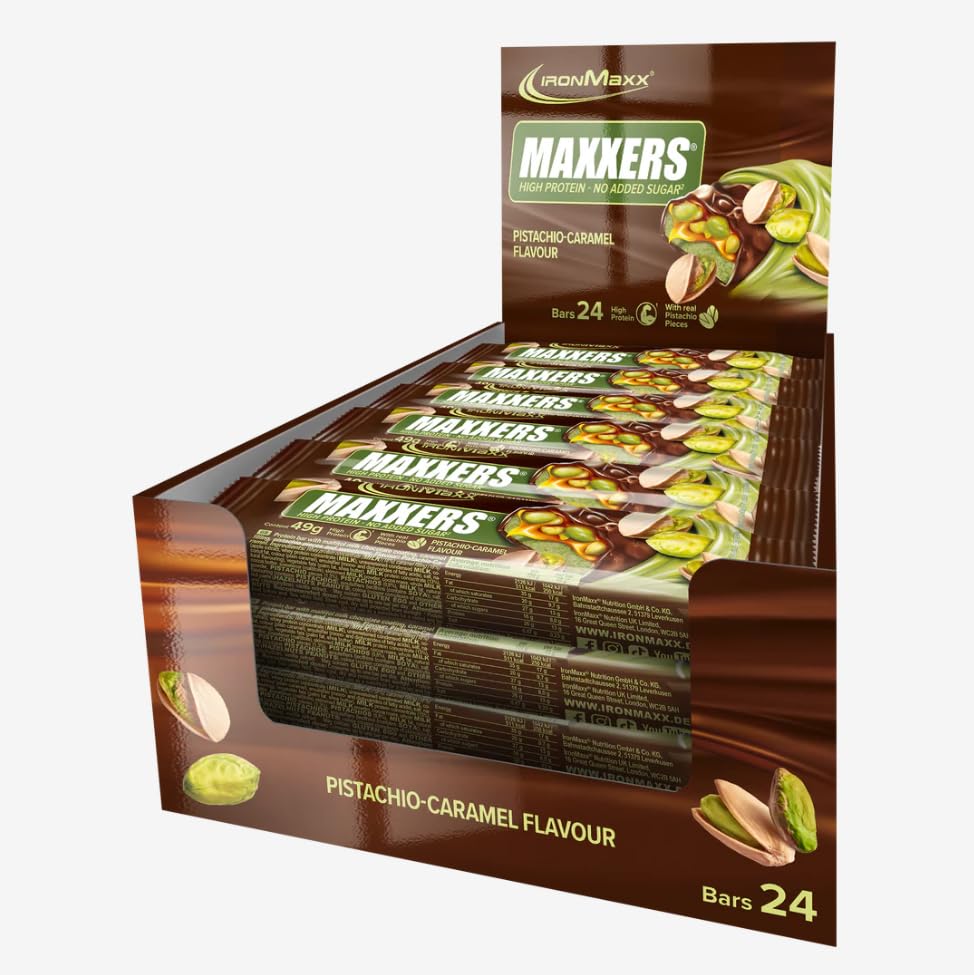 IronMaxx Maxxers – Pistache Caramel 24 × 49 g | Barre riche en protéines avec morceaux de pistache et fourrage au caramel | Avec de véritables pistaches | Sans sucres ajoutés