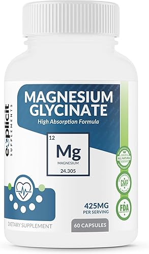 Glicinato de magnesio puro 425 mg, 100% quelado, 60 cápsulas  Fabricado en Estados Unidos  1 mes