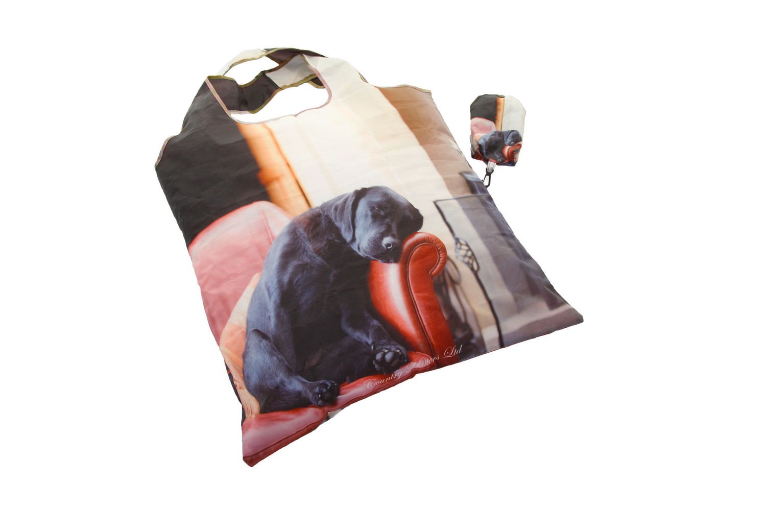 Fold Away Bag with Pouch & Clip - Sleeping Labrador Design