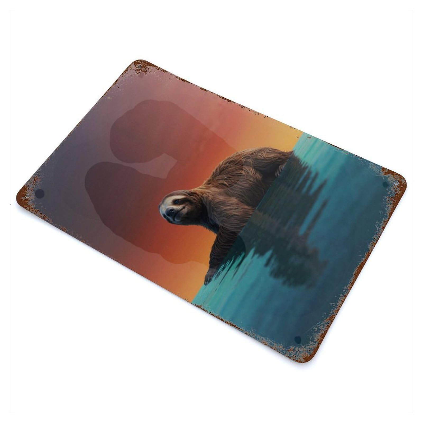 Distressed Metal Wall Sign with Serene Sloth at Sunset Design 11.8"x7.9", for Living Room, Hallway And Home Decor, Vintage Wall Decor