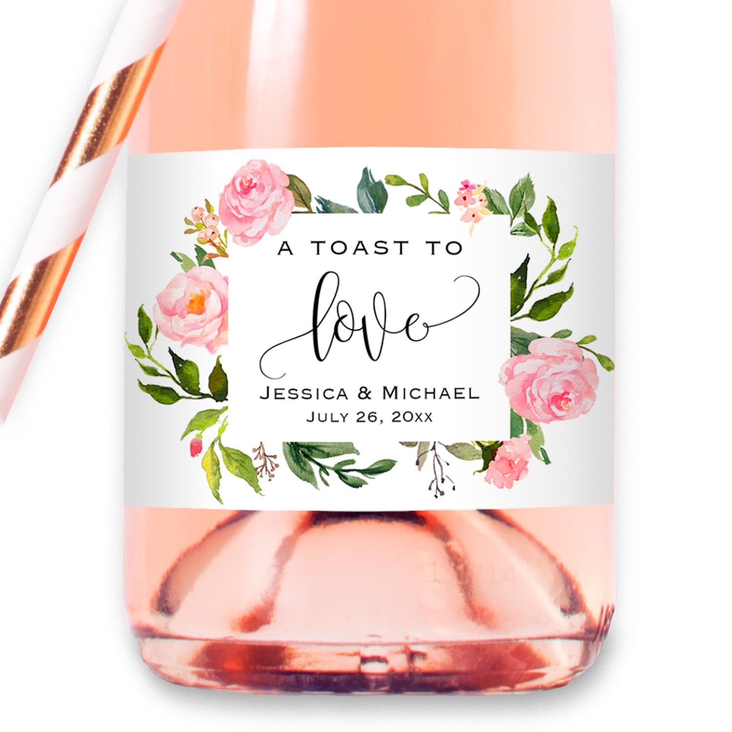 A Toast to Love - Custom Pink Floral Mini Champagne Bottle Label, Personalized Waterproof Mini Wine Bottle Sticker for Wedding Anniversary Bridal