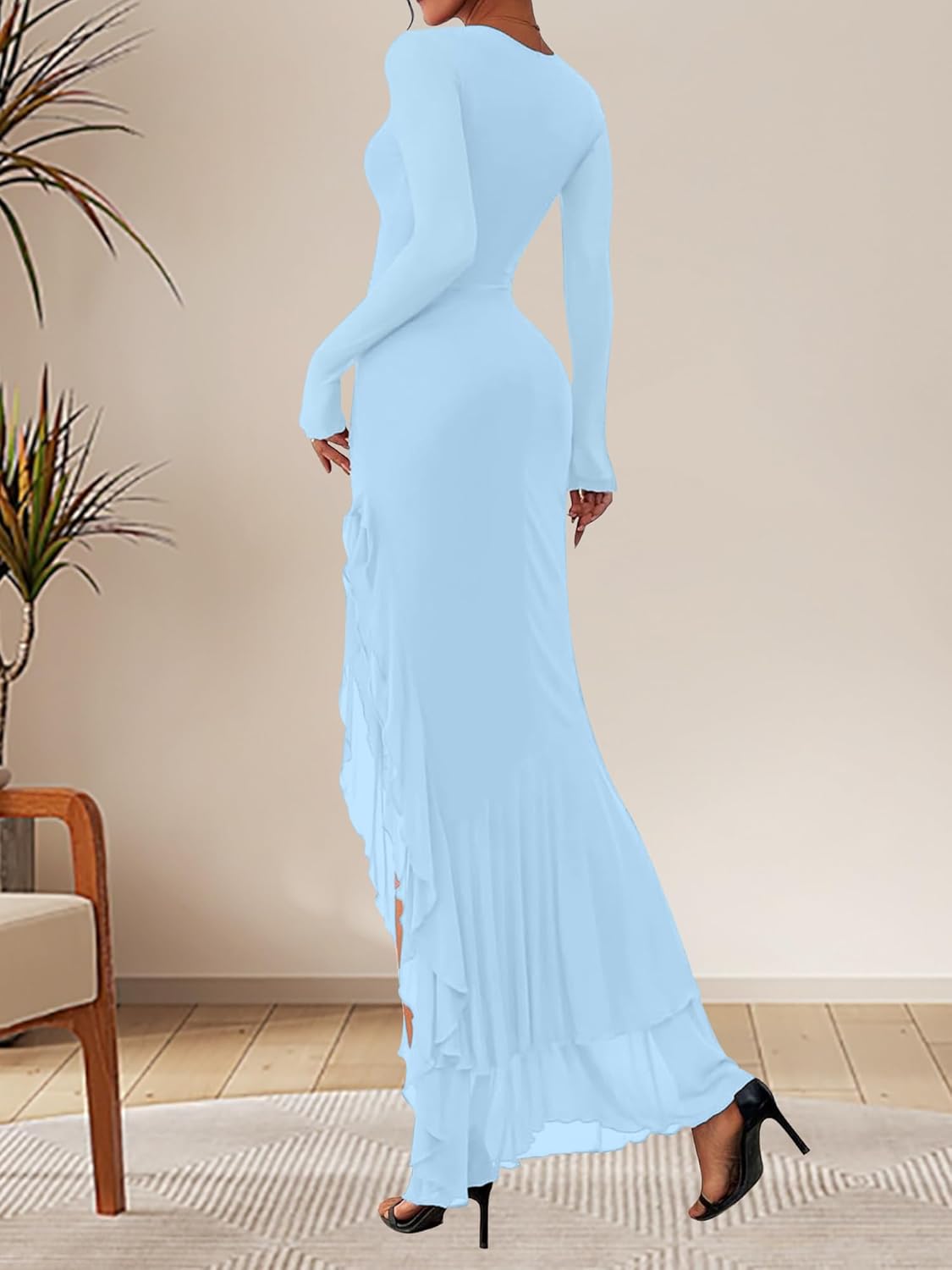 BORIFLORS Women's Bodycon Ruched Mesh Long Sleeve Maxi Dress Mermaid Ruffle Formal Cocktail Party Long Dresses - Image 2