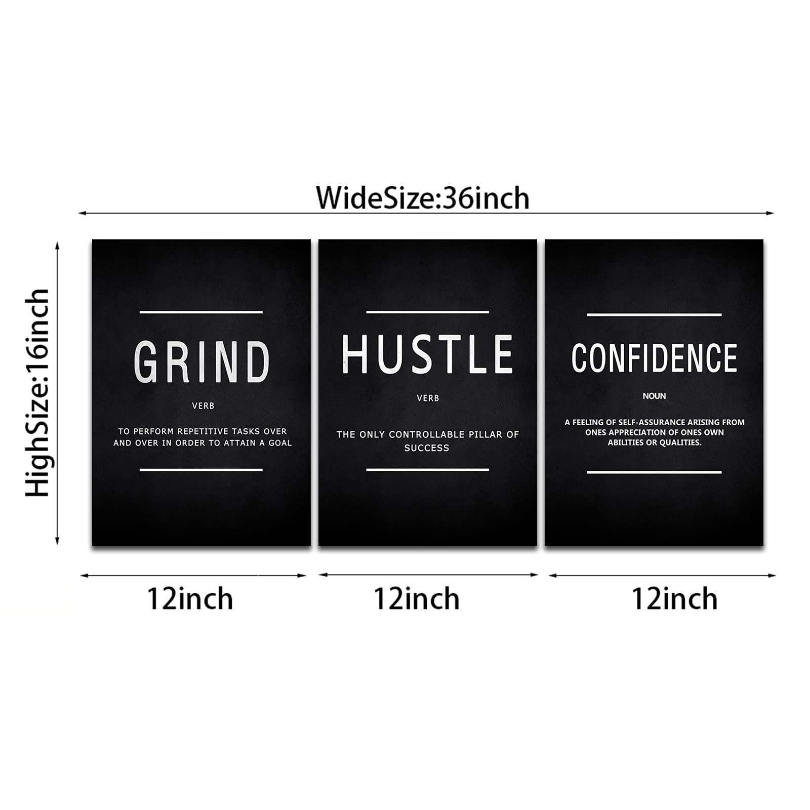 KAWAHONE Stampa artistica da parete motivazionale su tela, con scritta "Grind" Hustle Confidence, decorazione da parete incorniciata con citazioni motivazionali, per ufficio, posto di lavoro, pronta