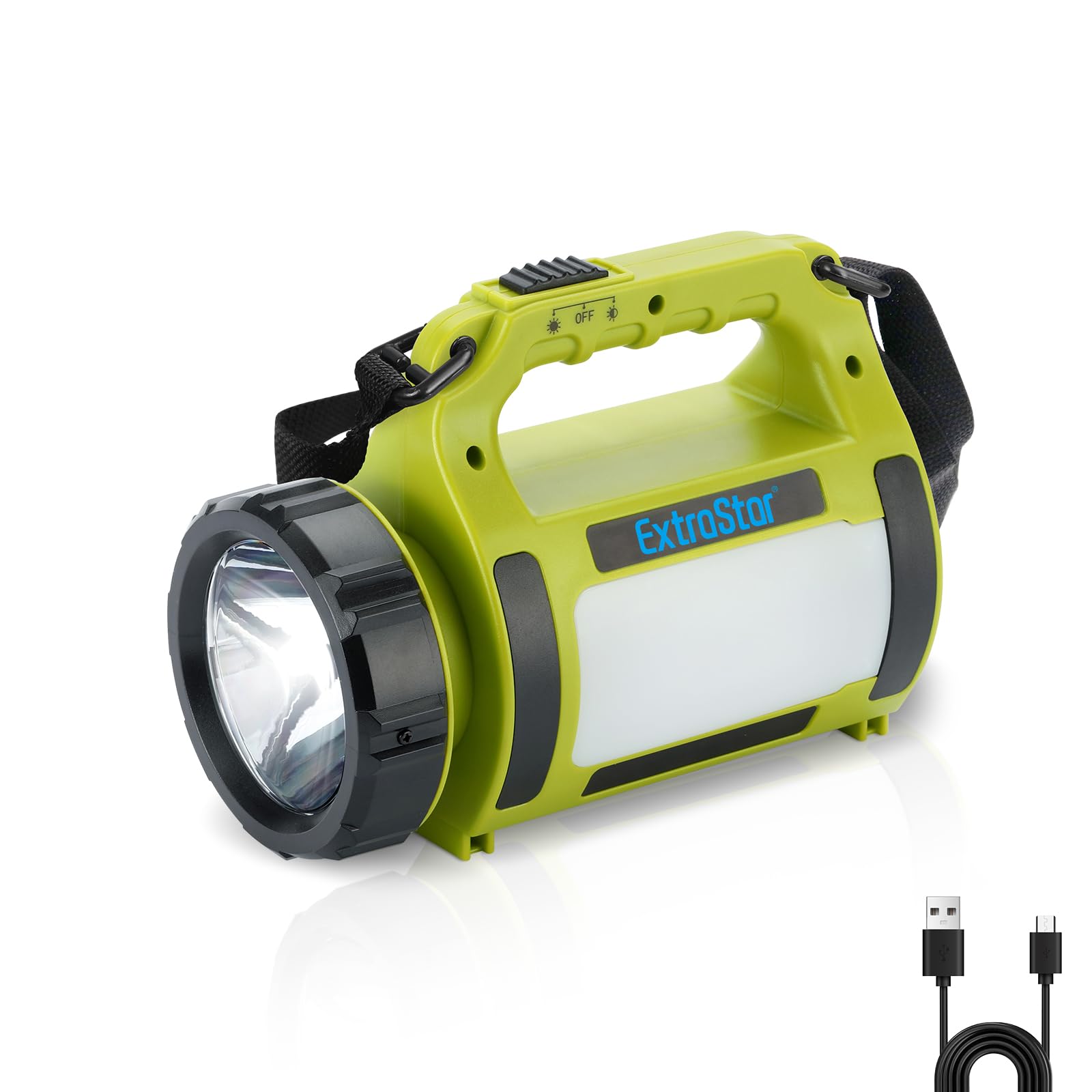 ExtraStar Foco de camping recargable, linterna LED con correa de hombro ajustable, múltiples modos de iluminación (frontal/lateral/intermitente), batería de larga duración, carga USB-C para aventuras
