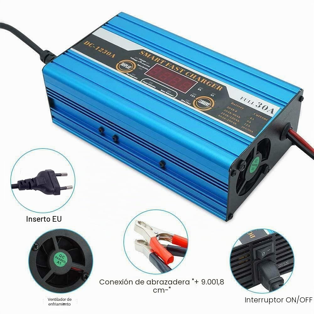 Baceyong Cargador de batería 12V 30A, cargador de batería inteligente, carga rápida, pantalla LCD para caravana, autocaravana, bote, automóvil, motocicleta