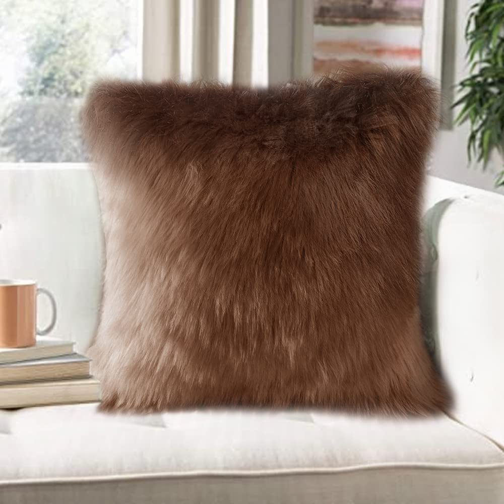 Faux Fur Solid Decorative Pillow Cover Fluffy Throw Pillow Mongolian Luxury Fuzzy Pillow Case Cushion Cover for Bedroom and Couch,True White 18 x 18 Inches (Coffee)