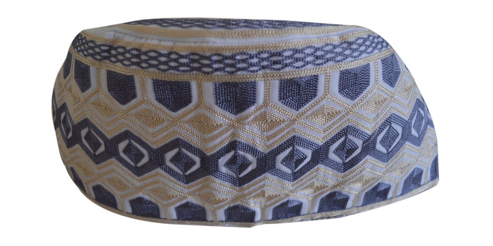 Desert Dress Men's Blue Omani Kuma Hat Islamic Massar Head Cap Arabic Embroidered Pill-Box Dress (Blue)