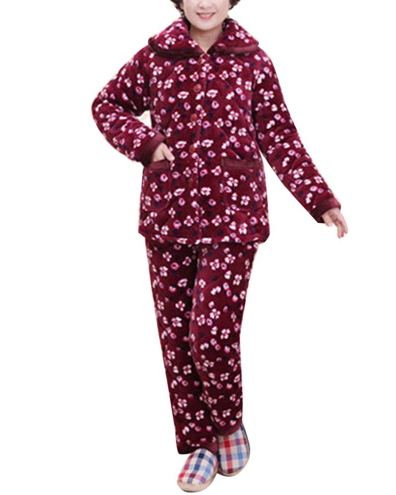 Donne Set Pigiama Invernale Top a Maniche Lunghe e Pantaloni con Stampa,Caldo Pile di Corallo Super Morbido Bottone Frontale Pj Set Loungewear Pigiami da Notte