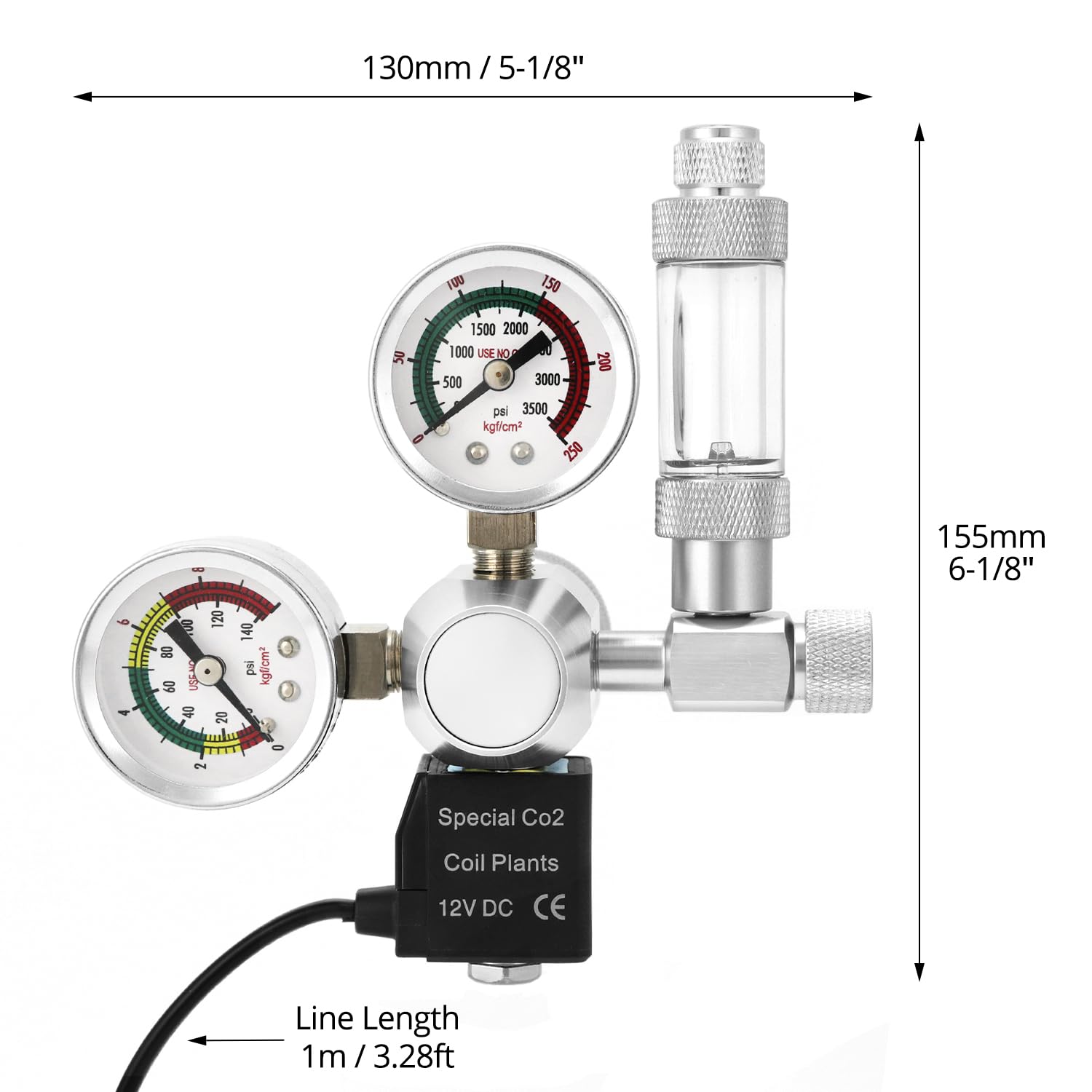 QWORK® Réducteur de Pression CO2 pour Aquarium, Connexion W21.8, Double Manomètre, Compte-Bulles, Clapet Anti-Retour et Électrovanne 12 V