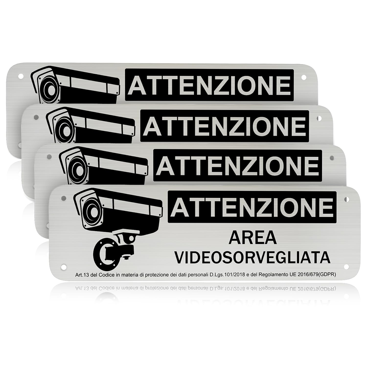 REIGY Cartello Area Videosorvegliata Alluminio da Esterno 15x5 cm, 4pcs Area Sottoposta a Videosorveglianza Adesivo GDPR, Cartelli Privacy Telecamere Sorvegliata per Proprietà Privata