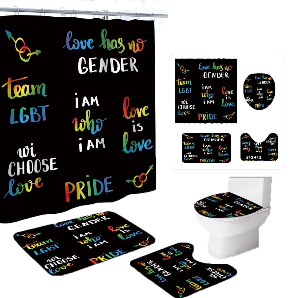 Czrqvyx 4PCS Rainbow Inspirational Quotes Shower Curtain Set, Colorful Motivational Positive Words LGBTQ Lesbian Gay Pride Bathroom Decor, Black