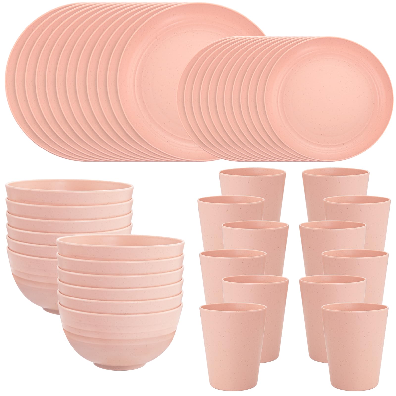 LIYH 48 Pcs Pink Wheat Straw Dinnerware Set, Plastic Plates and Bowls Dinnerware Set, Camping Dish Set for 12, Dishwasher Safe,Unbreakable Plates Reusable,Dish Sets Tableware