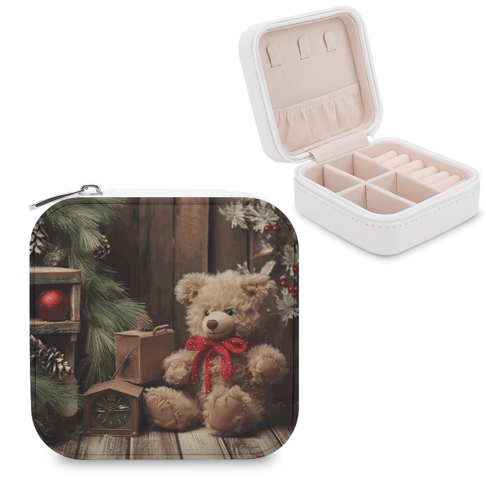 MUSM Xmas Tree Branch Bear Doll Travel Jewelry Case Personalized PU Leather Jewelry Boxes for Women Small Portable Jewelry Organizer Box Cute Trinket Box for Necklaces Rings Earrings & Gifts