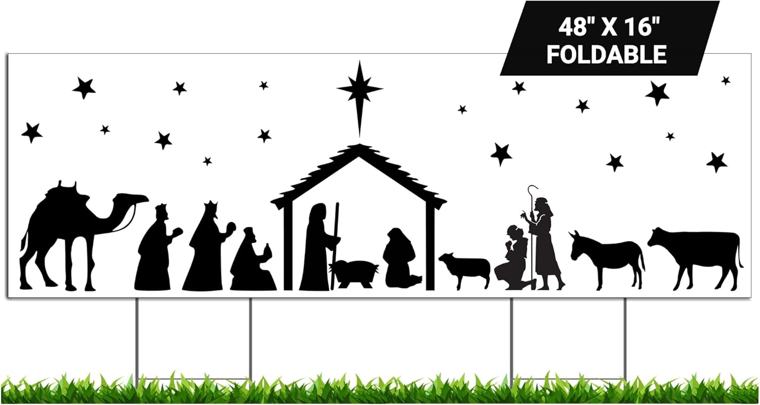 Outdoor Nativity Scene Holiday Yard Sign 48×16 inches Foldable with Stakes for Christmas Lawn Decorations, Large Corrugated Plastic, Waterproof – Made in USA Outdoor Nativity Scene Holiday Yard Sign 48×16 inches Foldable with Stakes for Christmas Lawn Decorations, Large Corrugated Plastic, Waterproof – Made in USA