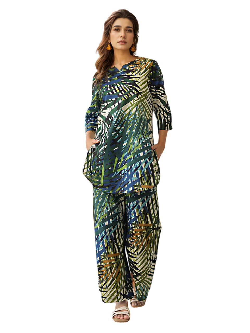 Nainvish Women's Blue & Green Printed Straight Rayon Blend Notch Neck Co-Ord Set (Sd724_Kb-S_Blue & Green)