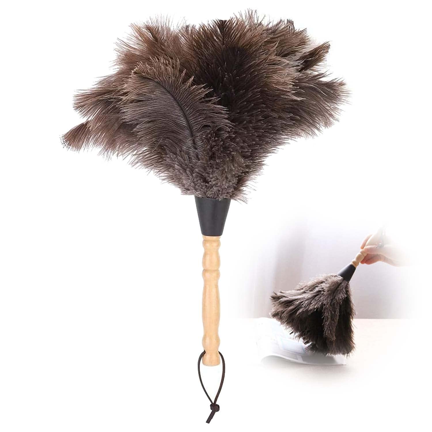 SYOSI Feather Duster Fur Brush Anti-Static with Wood Handle Reusable, Fluffy Natural Feather Duster for Cleaning Supplies Washable, Keyboard, Home, Car, Office