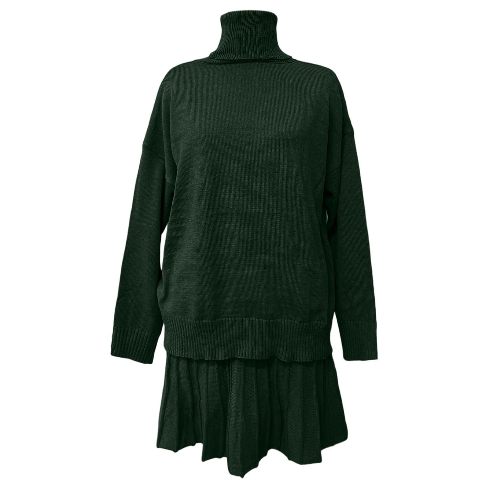 Falda de punto de cuello alto y línea A para mujer, falda plisada de dos piezas, falda de trabajo de manga larga, falda de trabajo de un solo color, cuello alto, suéter suelto, falda de punto
