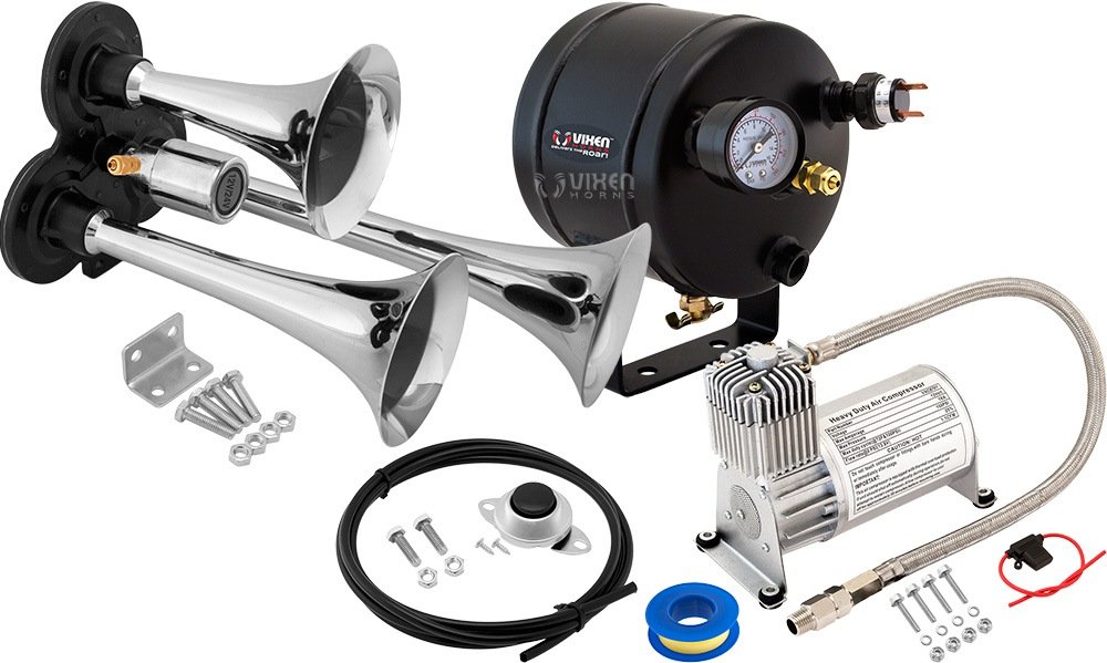 Vixen Horns Train Horn Kit for Trucks/Car/Semi. Complete Onboard System- 150psi Air Compressor, 0.5 Gallon Tank, 3 Trumpets. Super Loud dB. Fits Vehicles like Pickup/Jeep/RV/SUV 12v VXO8705/3311