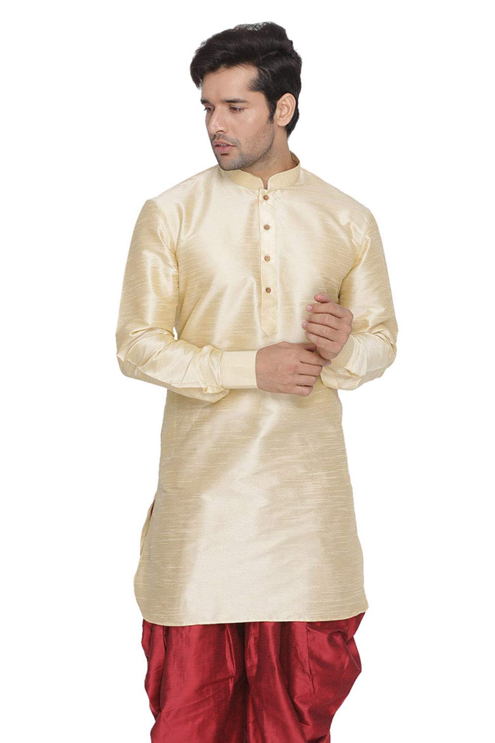 Vastramay Men’s Gold Curved Shape Pathani Style Silk Cotton Kurta – Mid-Length with Buttoned Cuff, Soft & Comfortable Ethnic Wear